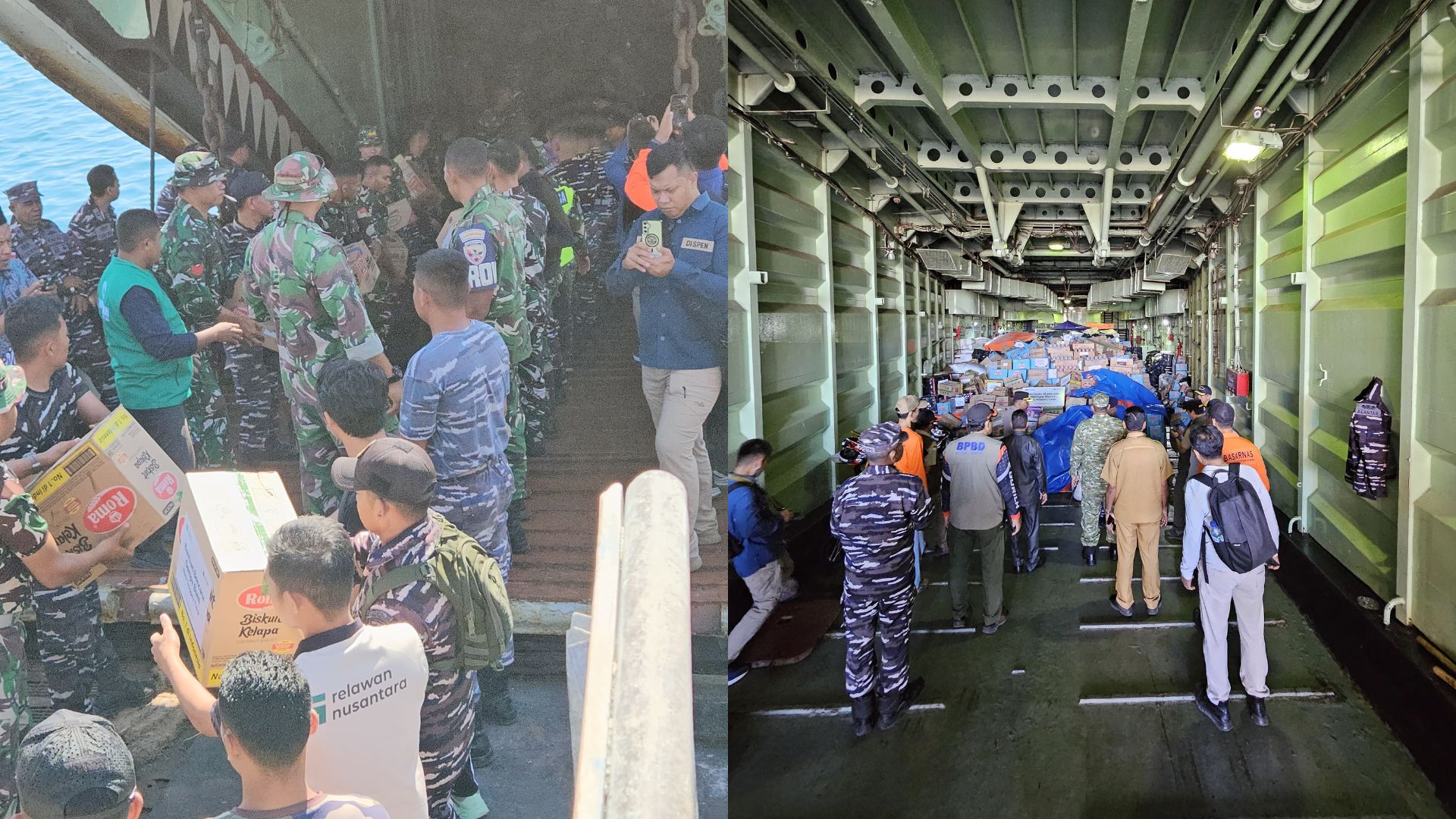 Prajurit TNI AL dan relawan bergotong royong menyusun bantuan bencana alam saat tiba di Pelabuhan Maumere NTT.