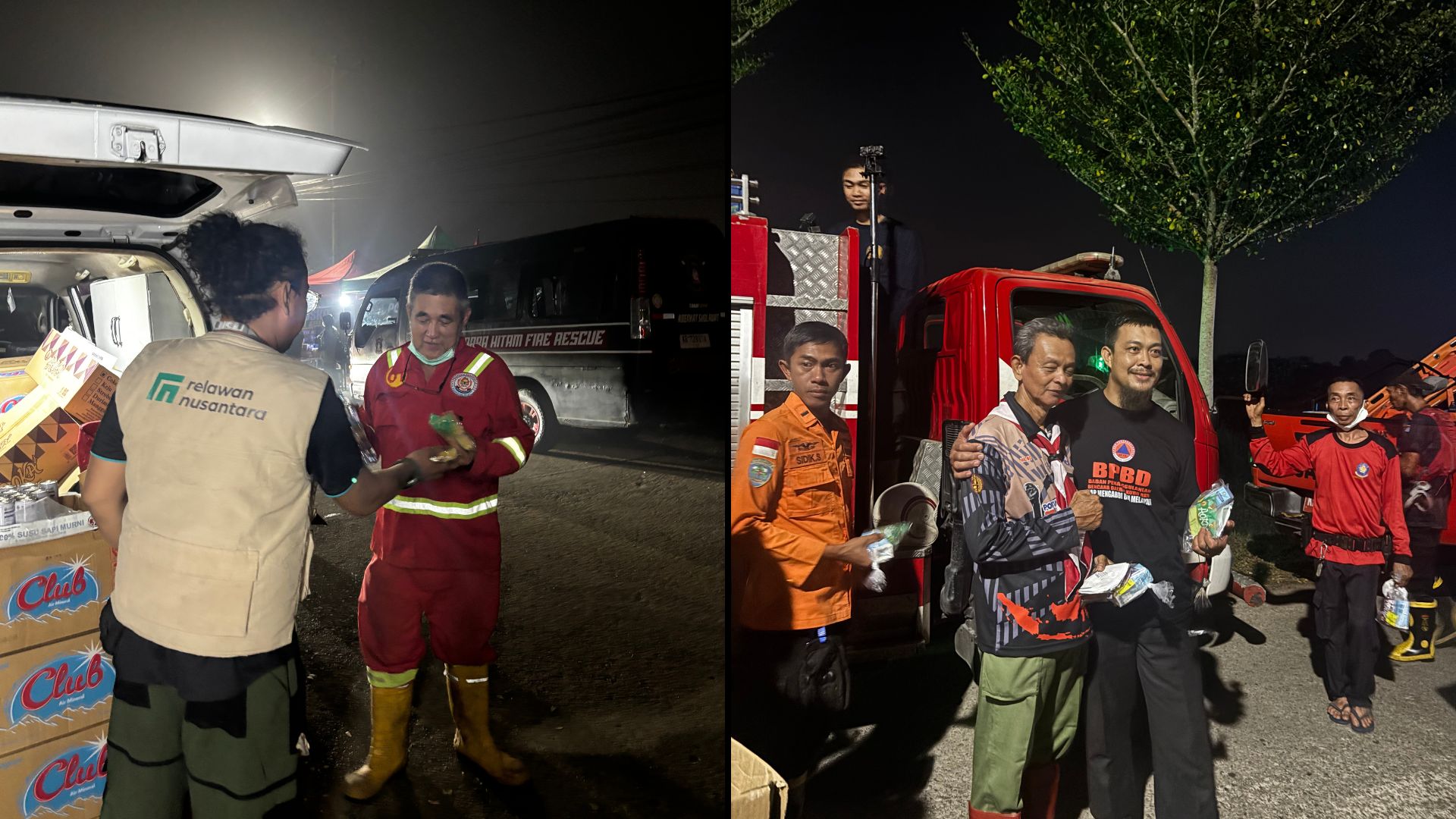 Penyerahan secara langsung bantuan paket kesehatan dan suplemen kepada petugas pemadam kebakaran dan BPBD di lokasi karhutla.