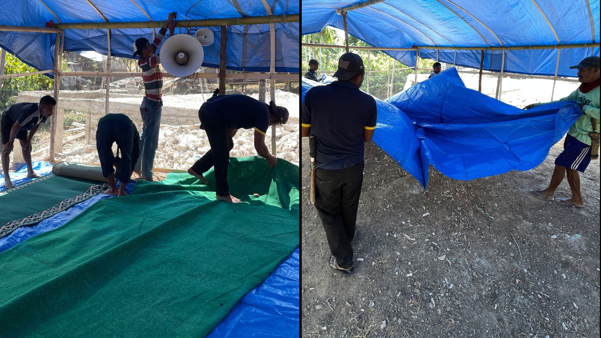 Warga Dusun Kowong bersama relawan membentangkan terpal biru dan karpet sajadah di dalam tenda masjid darurat Al-Ikhlas.