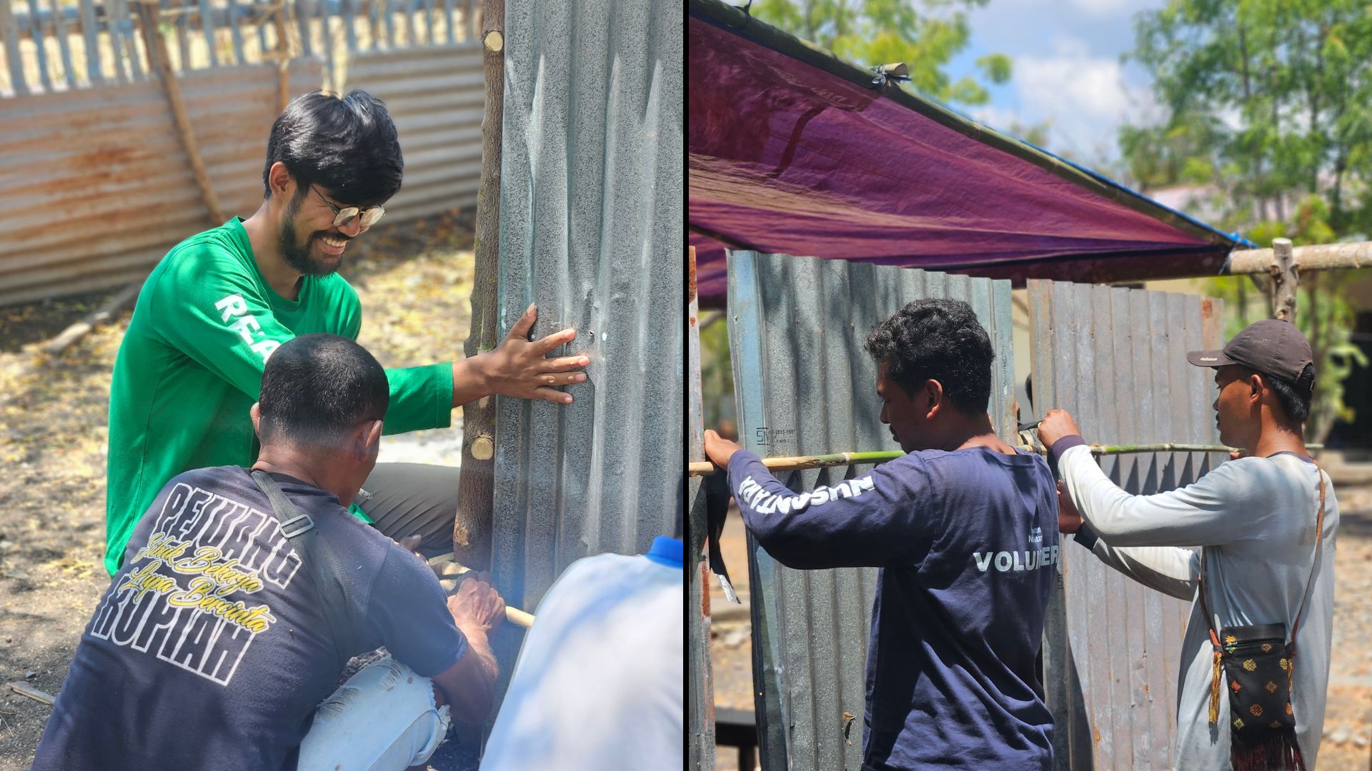 Relawan Nusantara dan warga bergotong royong merakit dinding seng untuk pembangunan sekolah darurat pascagempa NTT.