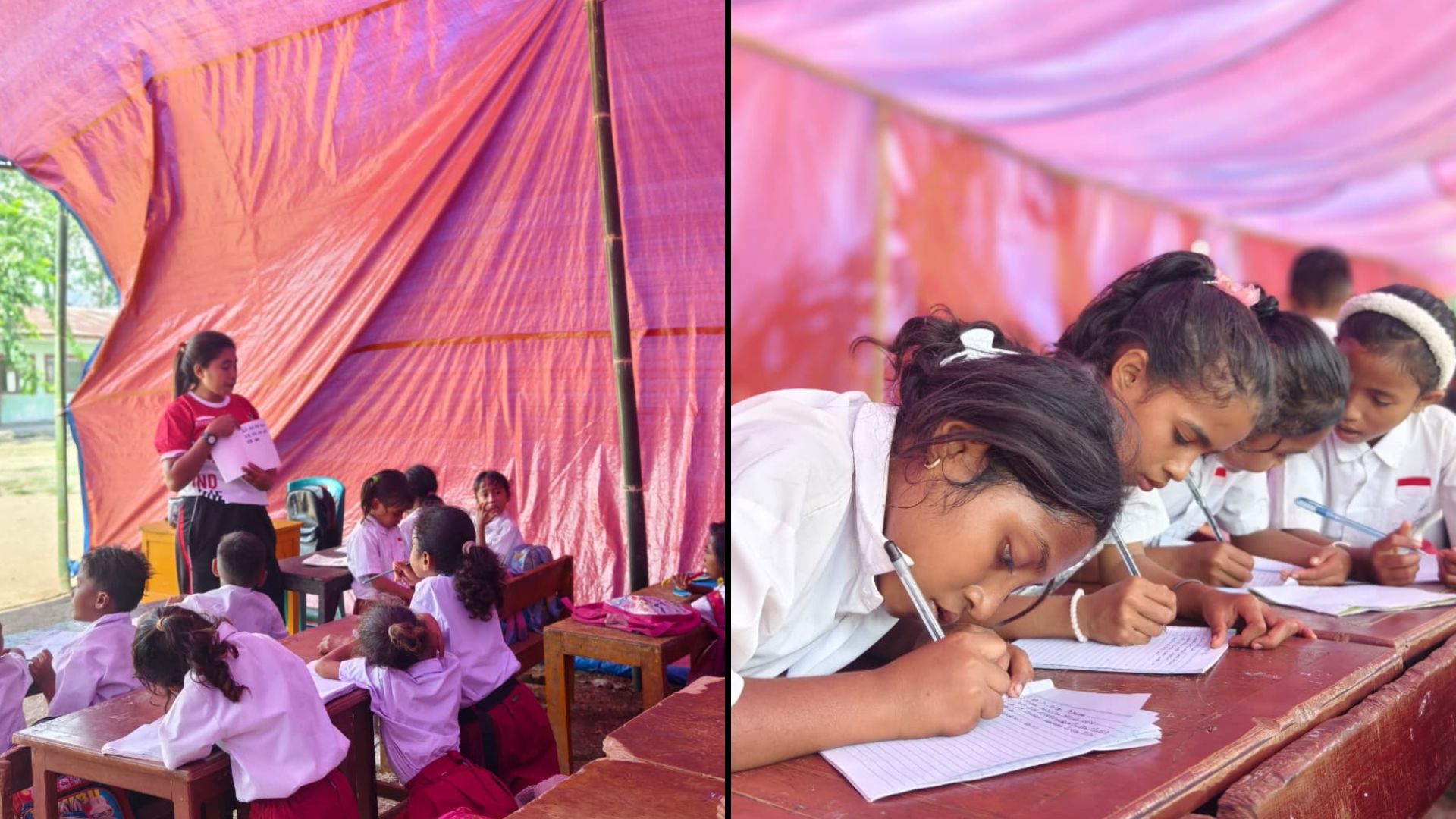 Siswa-siswi fokus menulis dan belajar di dalam ruangan tenda sekolah darurat SDI Lengkosambi.