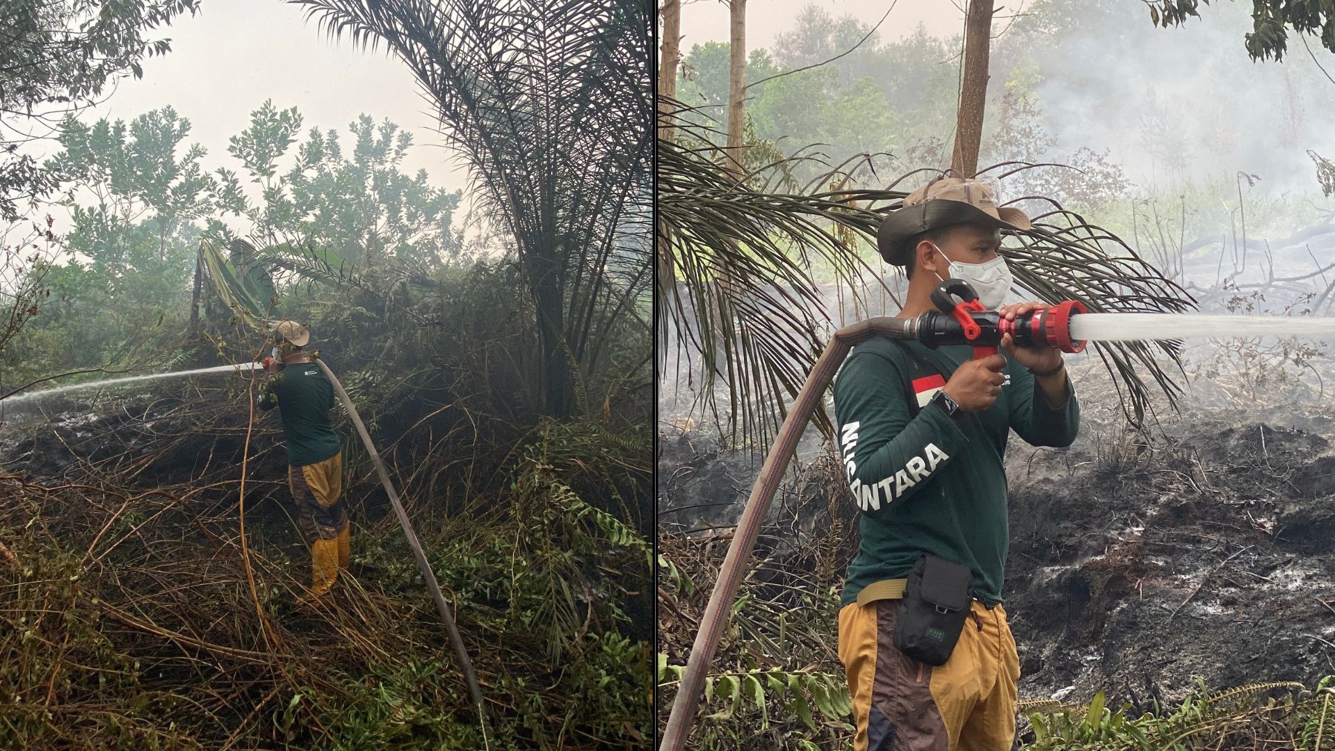 Aksi personil Relawan Nusantara saat memadamkan kebakaran hutan dan lahan karhutla Palangka Raya.