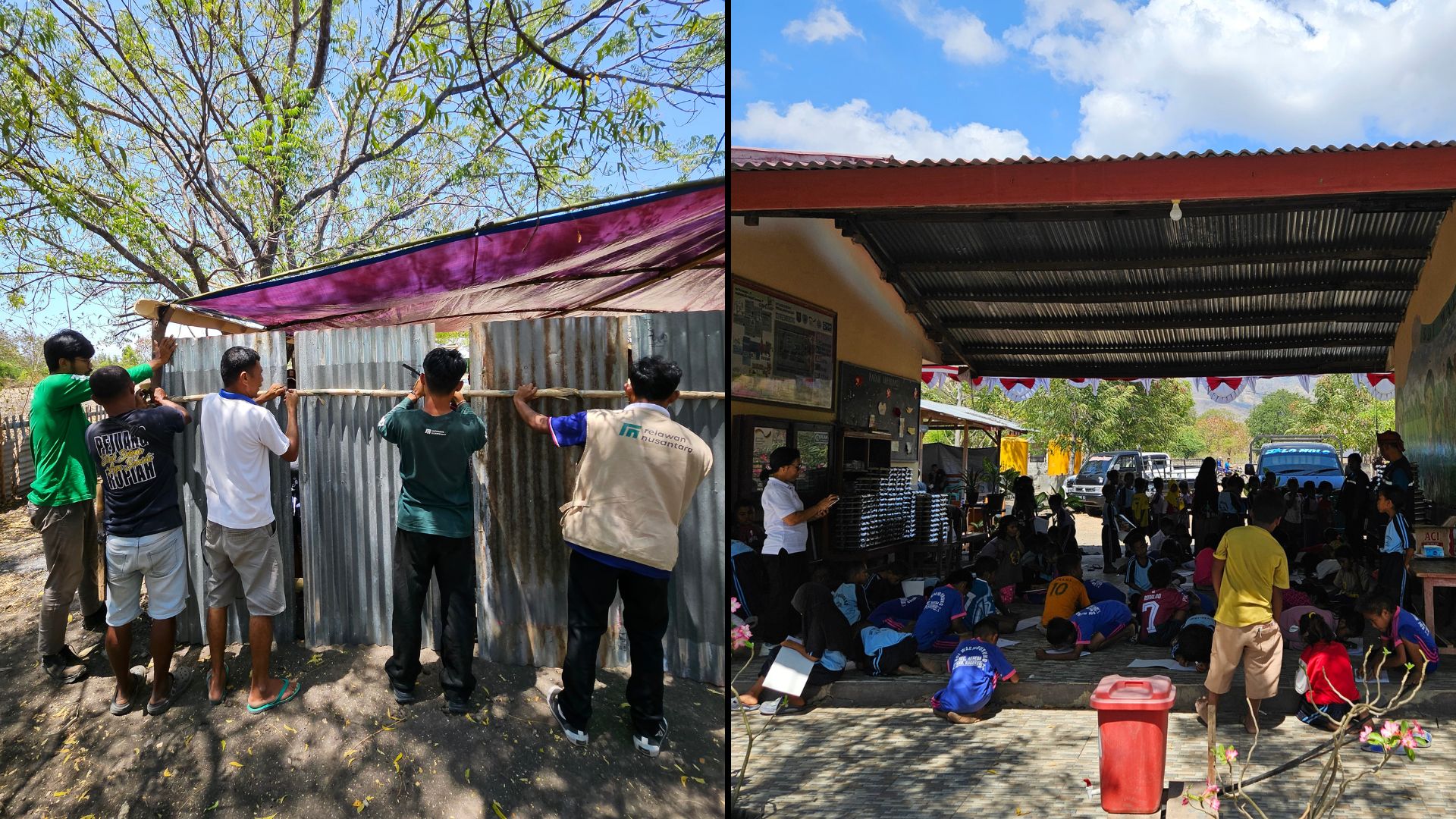 pembangunan-sekolah-darurat-ntt-sdi-waemburung Relawan Nusantara dan orang tua murid mendirikan dinding seng sekolah darurat NTT di SDI Waemburung serta suasana kegiatan belajar murid.