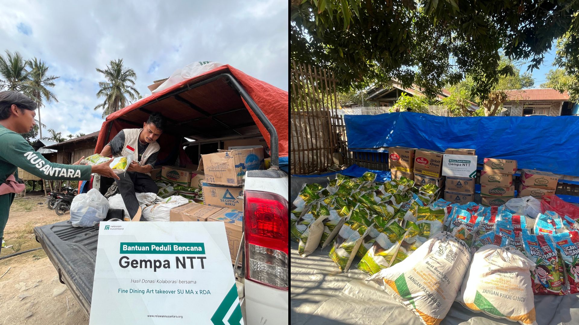 Relawan Nusantara menata dan menurunkan paket sembako serta bahan pangan dari mobil pick-up untuk disalurkan ke warga.