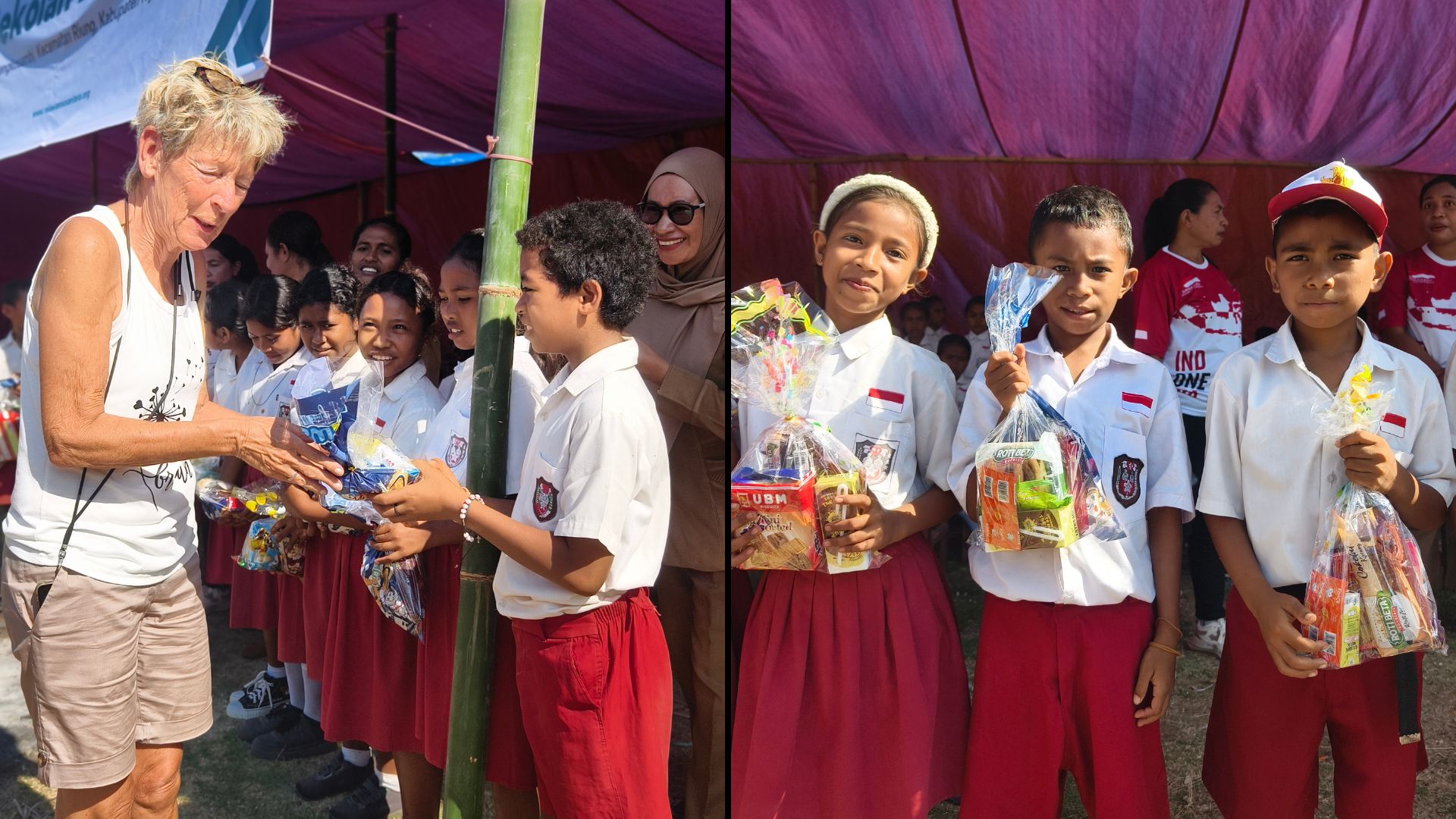 Relawan membagikan paket PMT pascagempa secara langsung kepada siswa SDI Lengkosambi Ngada.