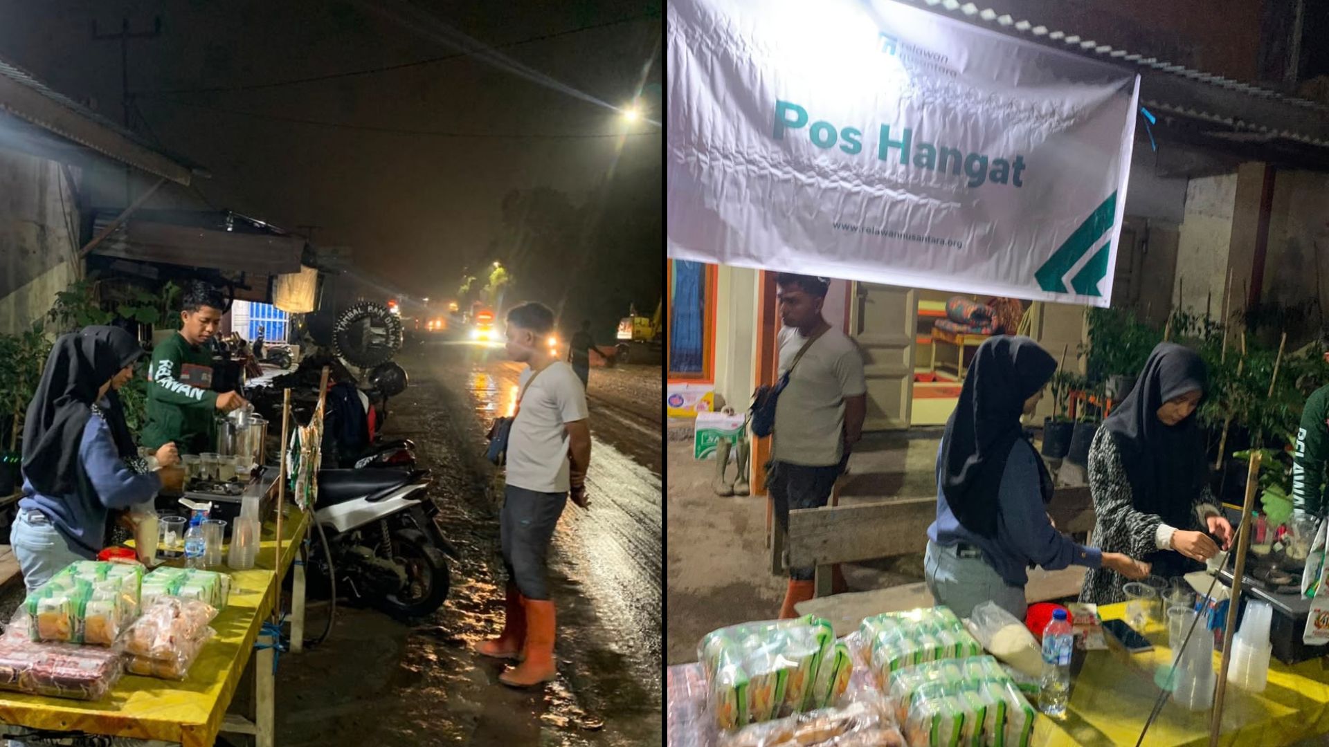 Suasana Pos Hangat Relawan Nusantara yang menyediakan makanan dan minuman hangat di malam hari untuk penyintas dan relawan galodo Solok.