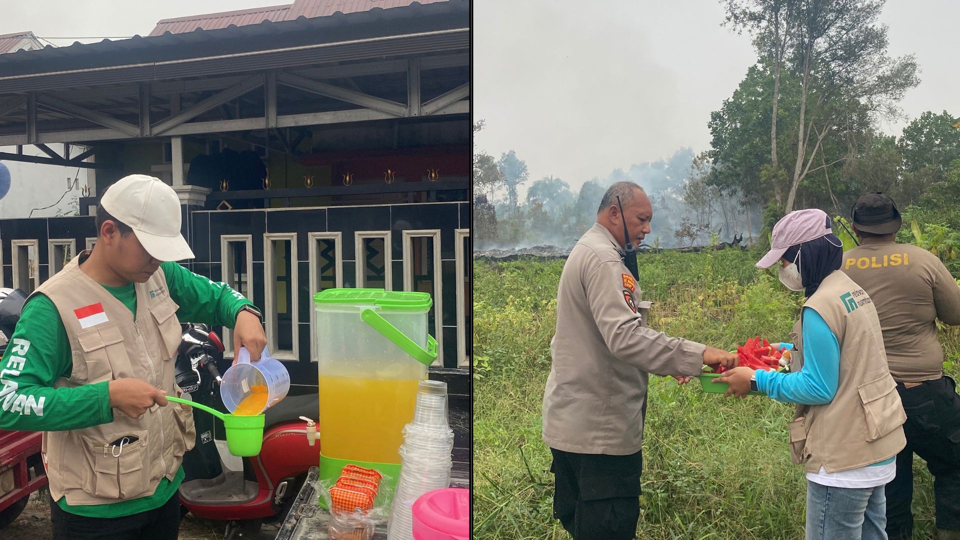 Aksi Pos Segar Relawan Nusantara membagikan minuman dan buah segar di lokasi karhutla Palangka Raya.