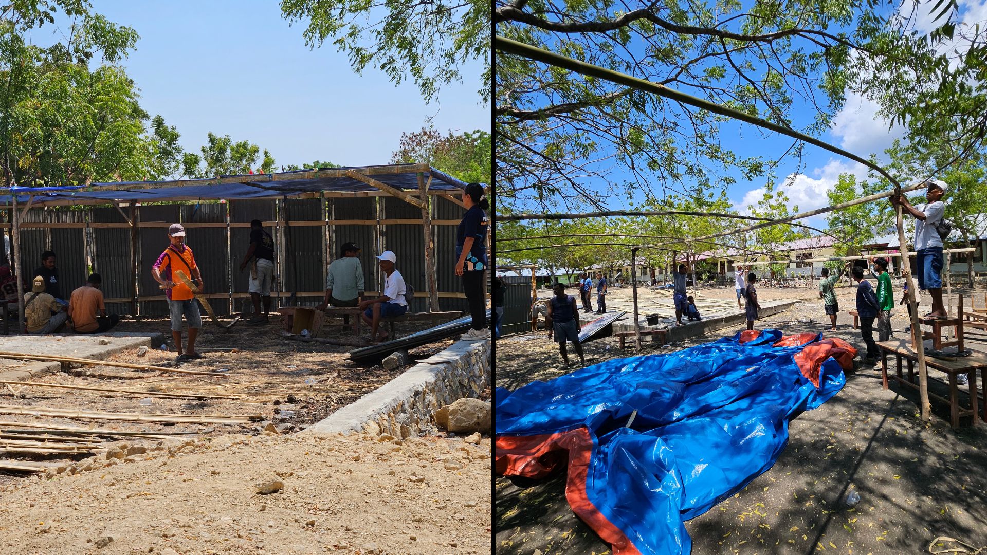 Proses perakitan rangka kayu dan penyiapan terpal untuk sekolah darurat NTT bagi murid SDI Waemburung.
