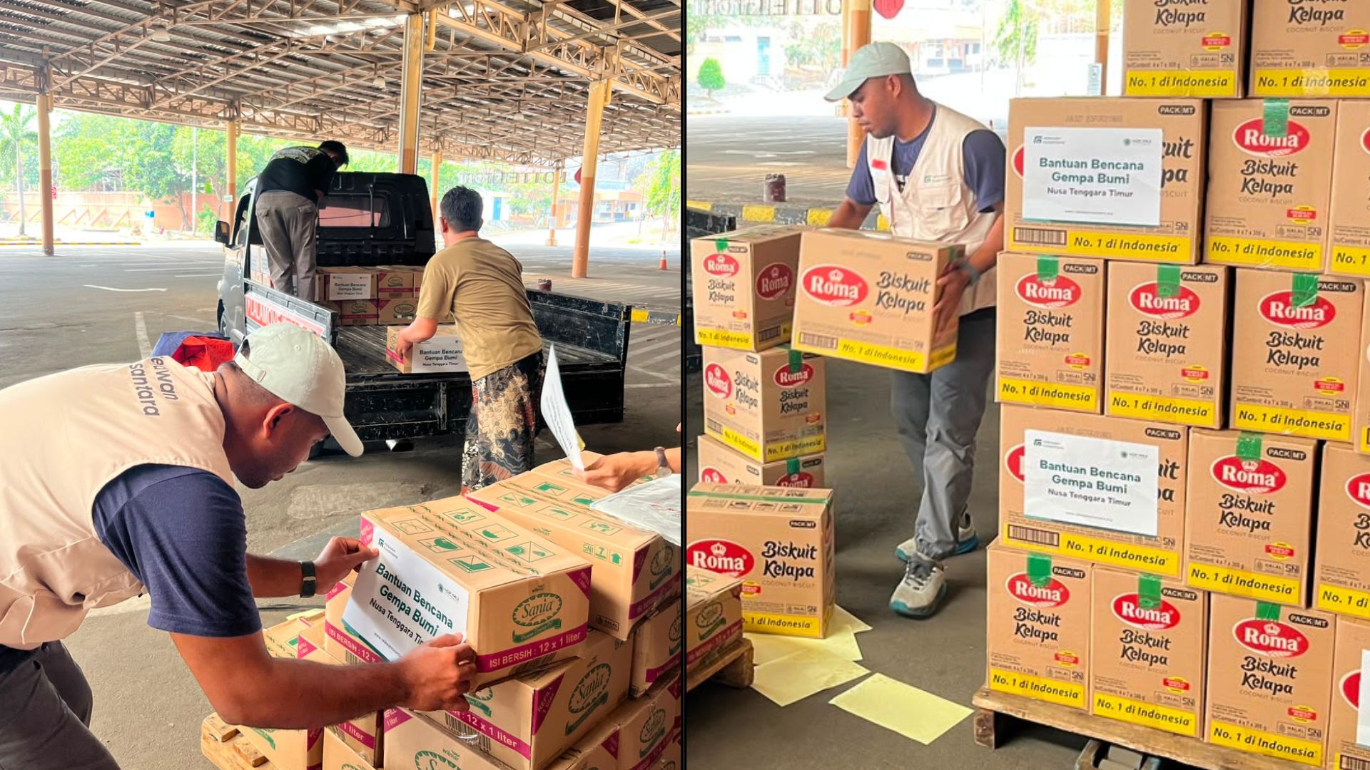 Relawan Nusantara sedang memuat paket bantuan sembako dan logistik untuk korban gempa bumi NTT.