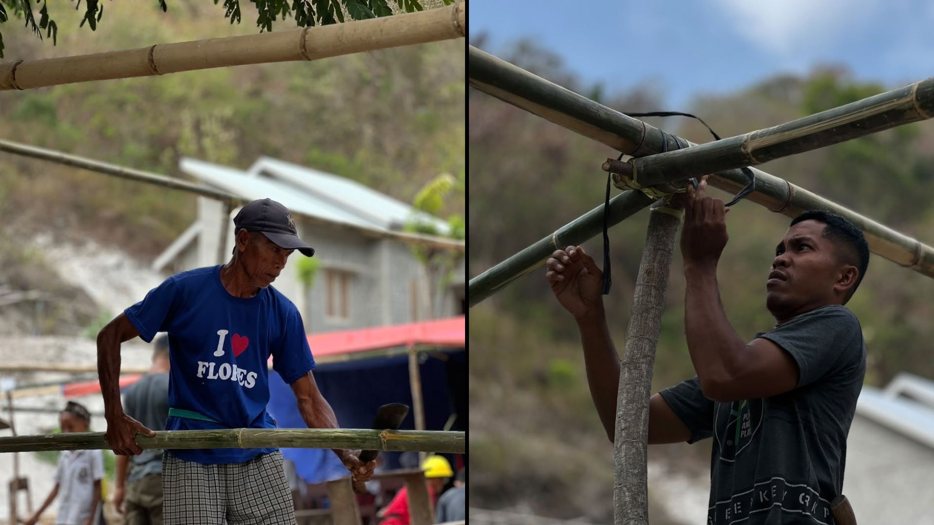 Warga dan relawan bergotong royong merakit kerangka bambu sekolah darurat Manggarai Timur.