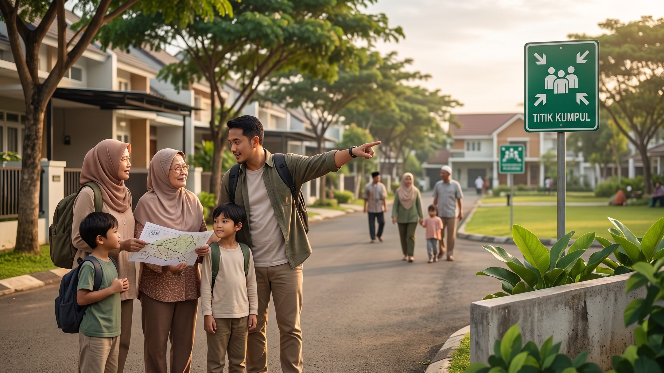 rencana-keluarga-titik-kumpul-bencana. Keluarga melihat peta evakuasi dan menunjuk tanda titik kumpul darurat di area pemukiman.
