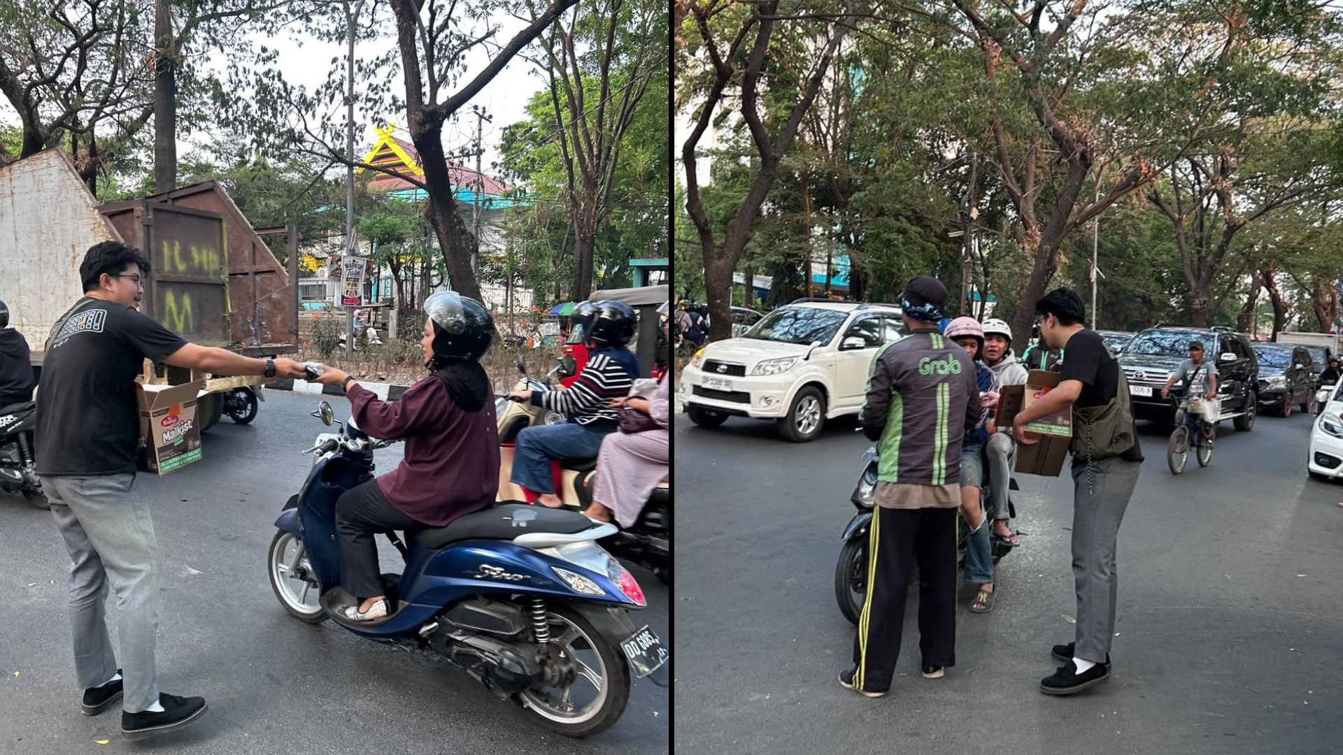 Aksi relawan bersama pengemudi ojek online menyerahkan masker dan biskuit kepada pengendara motor yang melintas di Jalan Hertasning, Makassar.