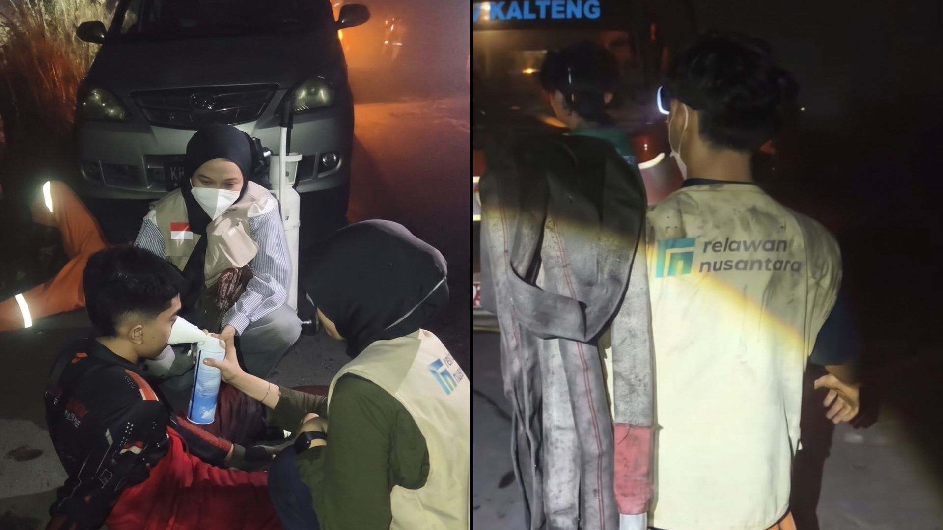 Tim medis Relawan Nusantara memberikan bantuan oksigen kepada pemadam karhutla Palangka Raya yang mengalami kelelahan.