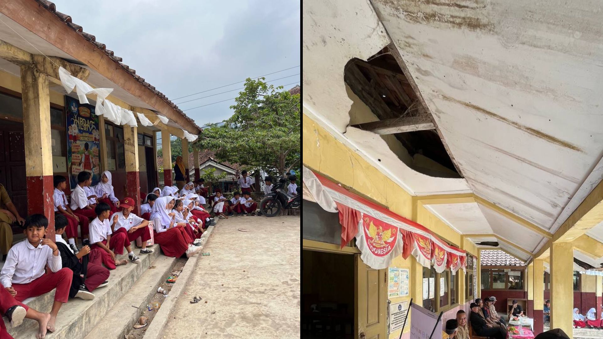 Siswa duduk di selasar dan kondisi atap plafon SDN 1 Panggalih Garut yang mengalami kerusakan sebelum direnovasi.