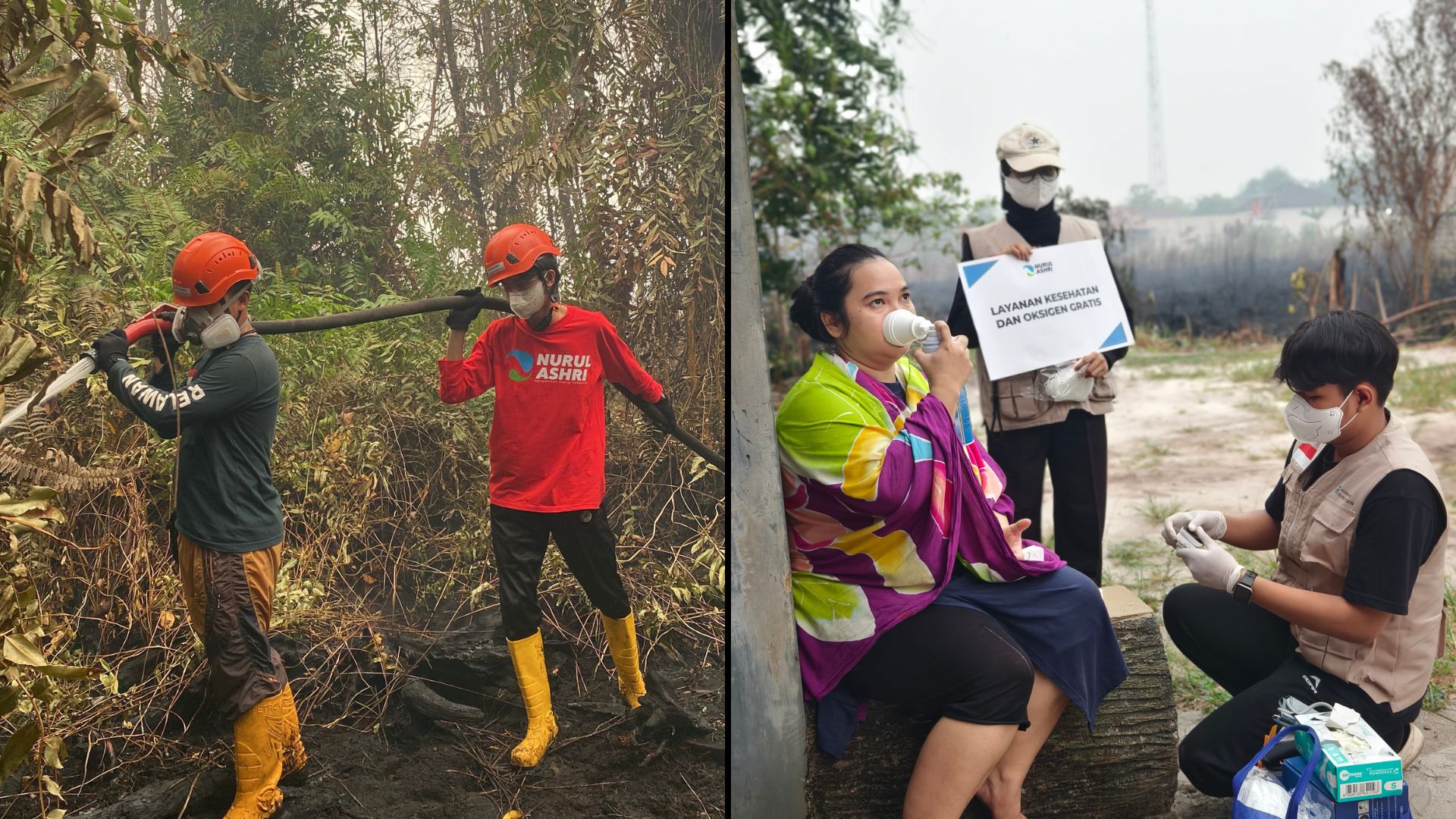 Proses pemadaman kebakaran Palangka Raya dan pemberian layanan kesehatan oksigen gratis bagi warga.