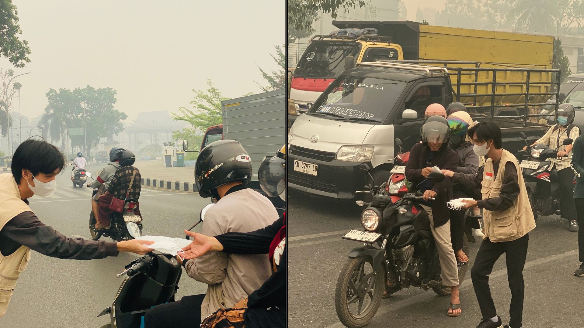 Relawan Nusantara membagikan masker gratis kepada pengendara motor di tengah kabut asap karhutla Palangka Raya.