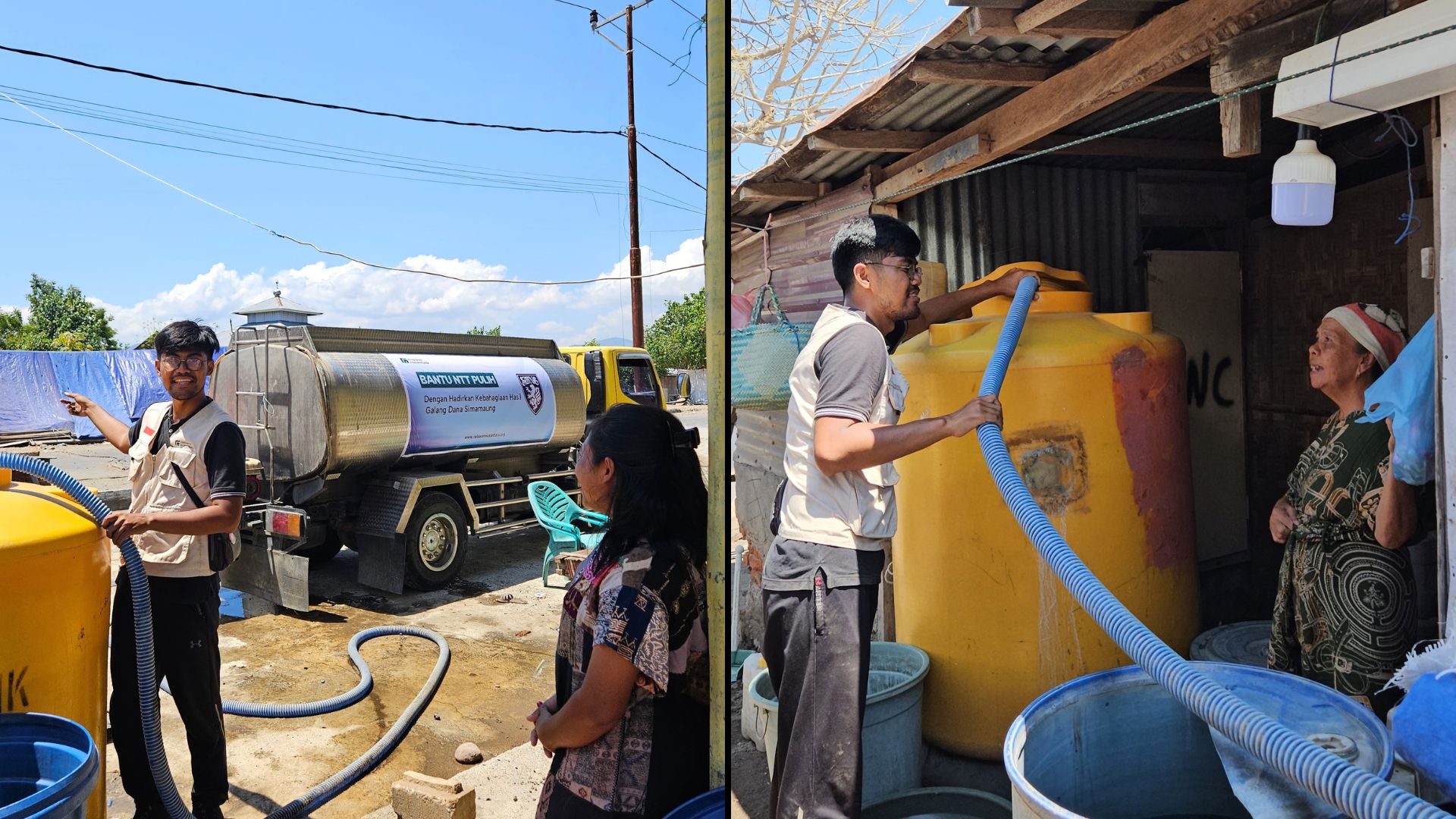 Penyaluran 20.000 liter air bersih dari truk tangki ke tempat penampungan warga pascagempa NTT.