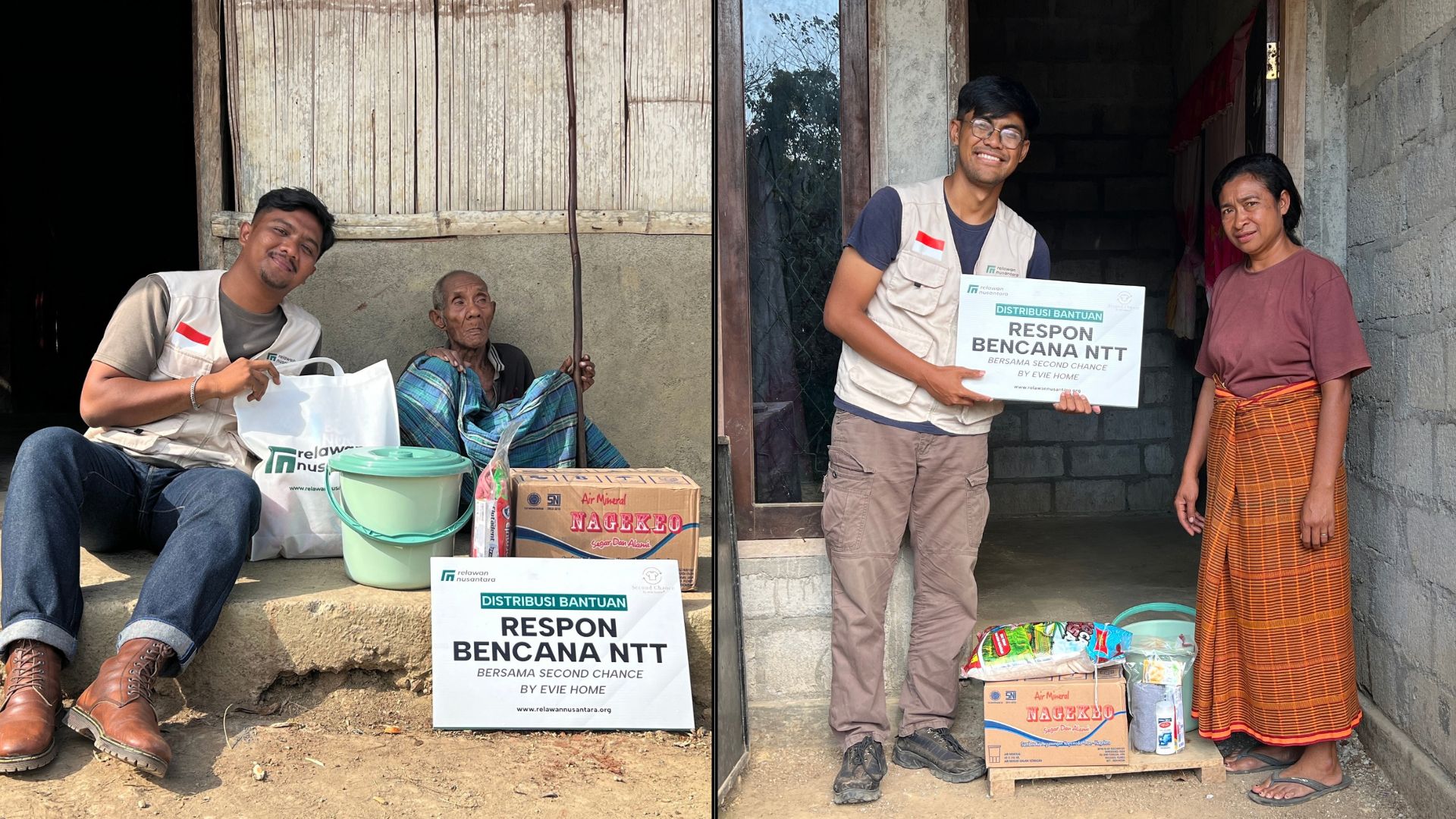 Relawan menyerahkan bantuan paket bahan pangan, hygiene kit, dan air mineral kemasan secara langsung ke rumah warga lansia dan penyintas bencana.