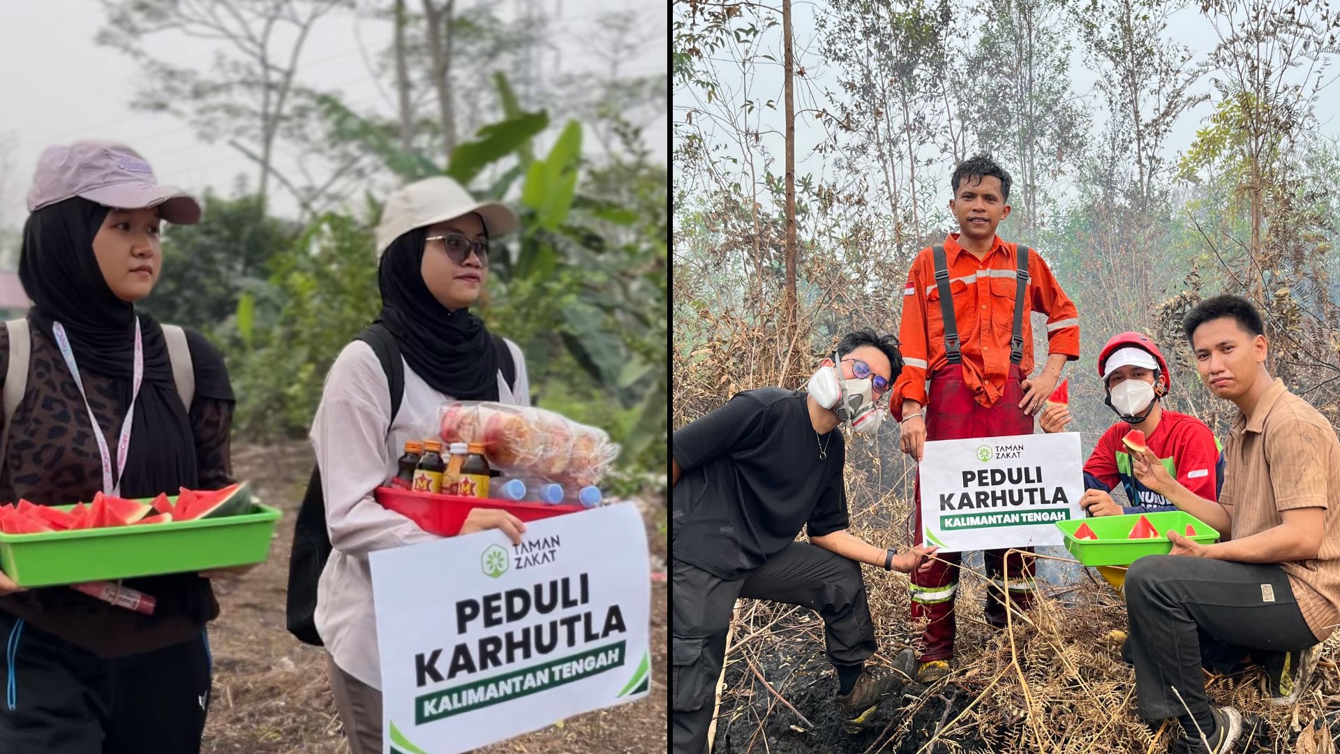 Tim relawan pemadam karhutla beristirahat sambil menerima Pos Segar di Palangka Raya
