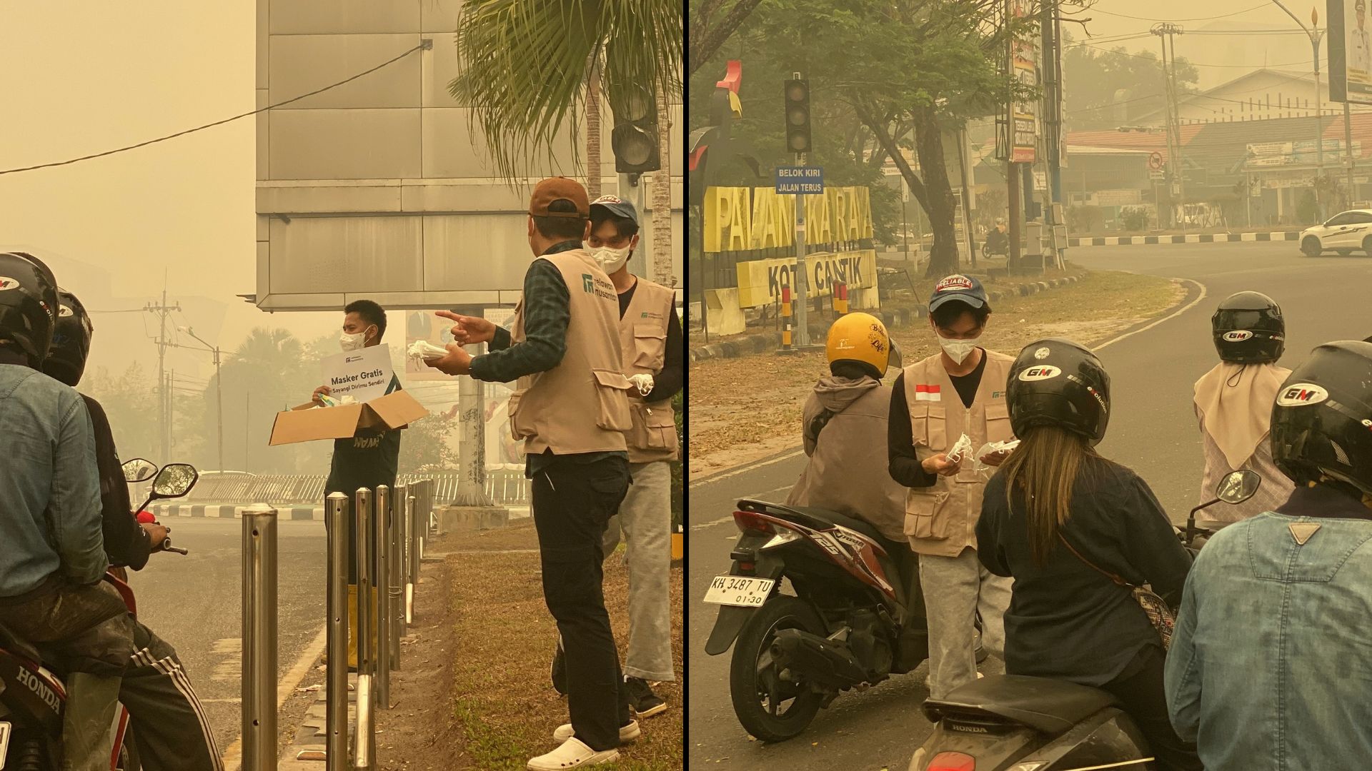 Aksi pembagian masker karhutla Palangka Raya oleh Relawan Nusantara di persimpangan jalan Kota Palangka Raya.