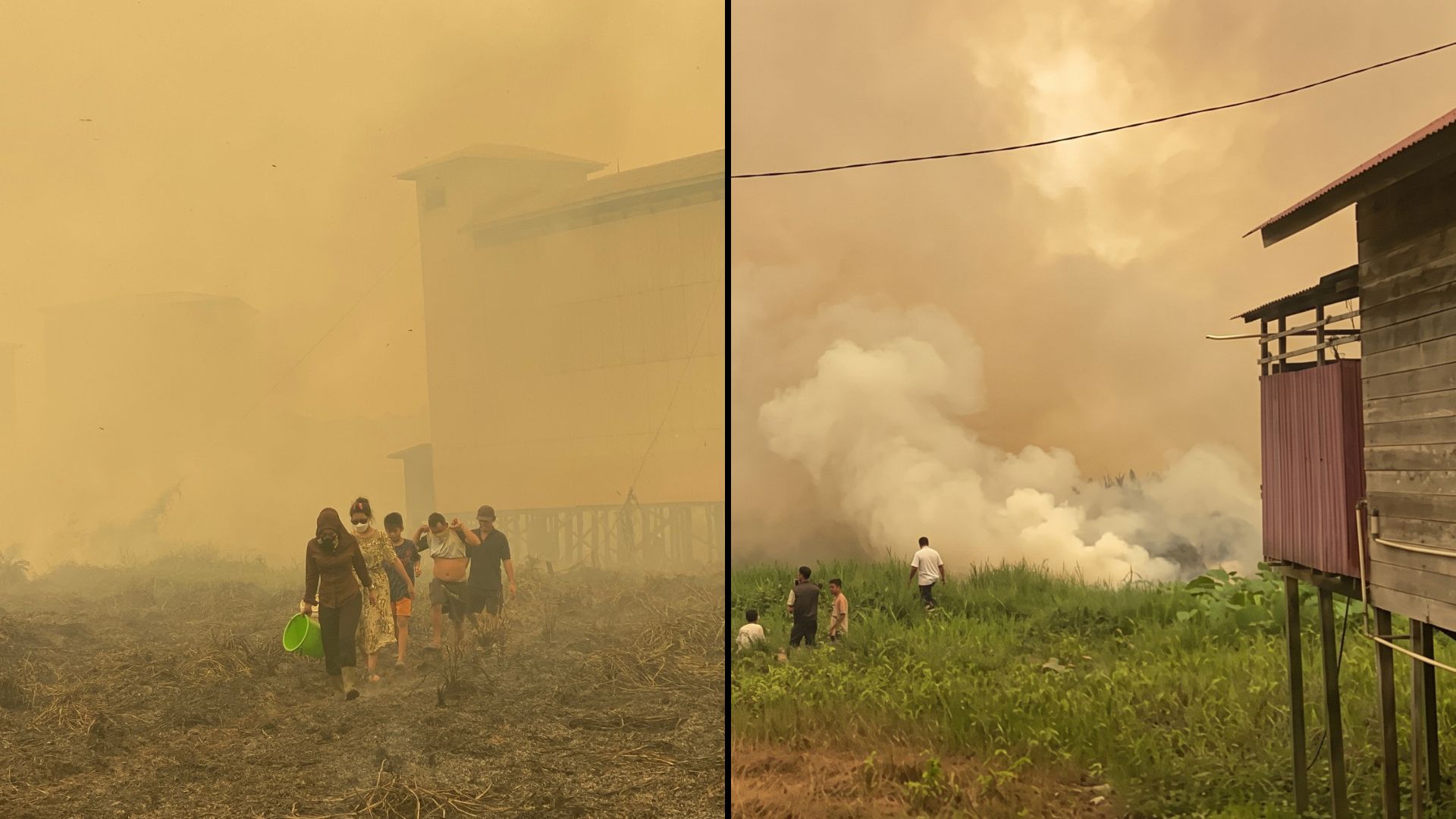 Kondisi kabut asap dan kepulan api akibat kebakaran Palangka Raya yang mendekati permukiman warga.